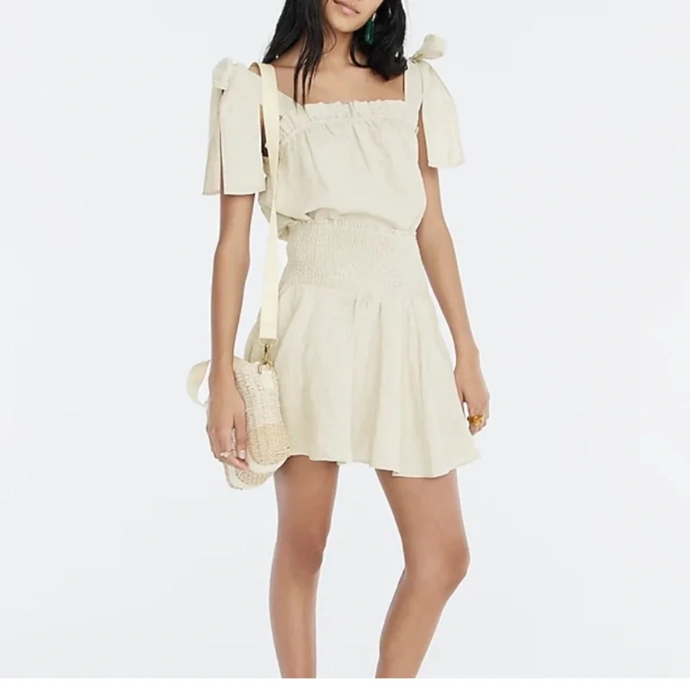 NEW! LINEN J. CREW Smocked Waist Mini Skirt Taupe 100% Linen Taupe Neutral NWT